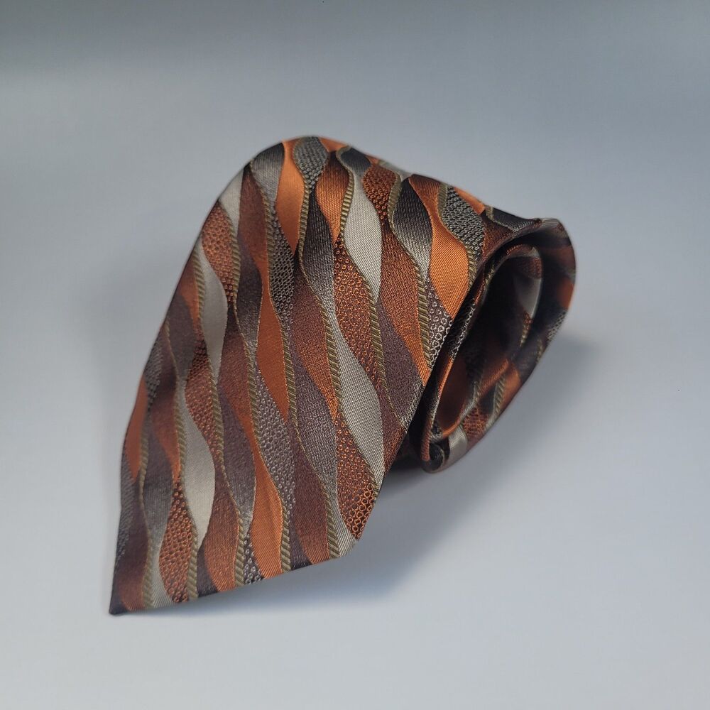 Renzo pure silk mens tie rust orange brown grey X-long